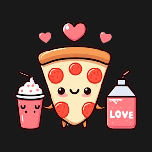 Pizza Party with a Pizza Slice, Cola, and a Milkshake | Cute Kawaii Food Art T-Shirt