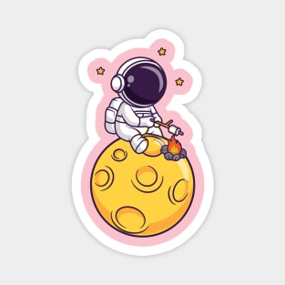 Cute Astronaut Roasting Marshmallow On Moon Cartoon Magnet