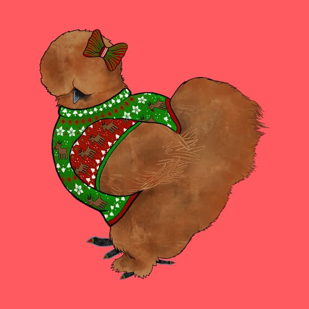 Red Silkie Chicken In An Ugly Christmas Sweater With Bow by Ashley D Wilson