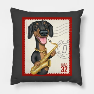 Funny Doxie playing Sax on vintage postage stamp Pillow