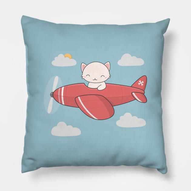 Kawaii Cute Flying Pilot Cat Pillow by wordsberry