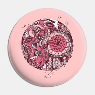 Pink and White Skull and Dreamcatcher Circle Pin