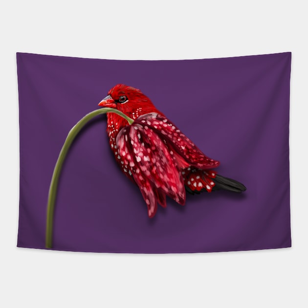 Strawberry Finch + Checkered Lily Tapestry by mkeeley