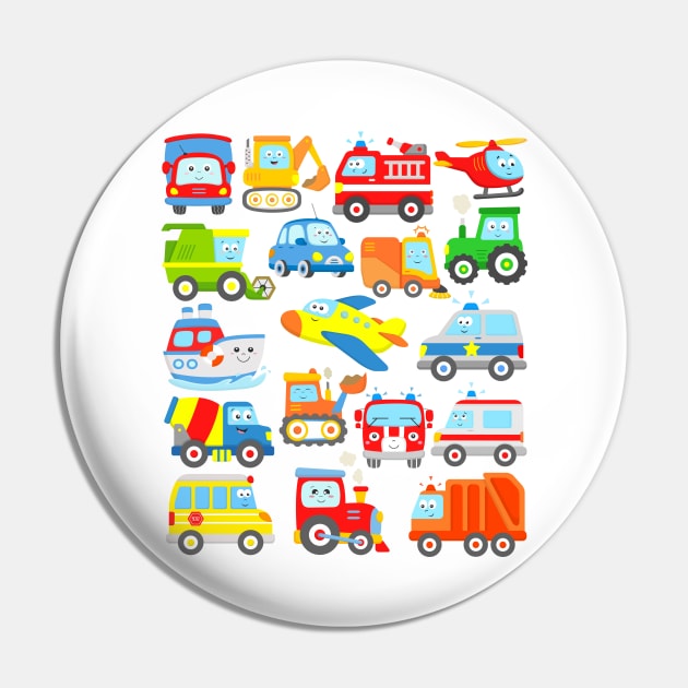 18 Cars Trucks Vehicles Locomotive Trash Truck School Bus Plane Boat Car Digger Tractor Pin by samshirts