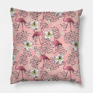 Flamingo with Abstract Shapes and Flowers Pillow