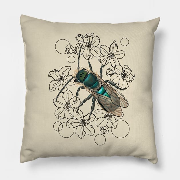 Blue, Orchard, Mason Bee Doodle, white Pillow by mernstw