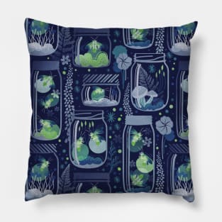 Glowing in the moss // pattern // blue background jars with lightning fireflies bugs quirky whimsical and bioluminescence lampyridae beetles Pillow