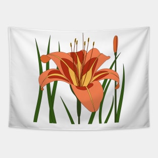 Orange lily with green leaves Tapestry