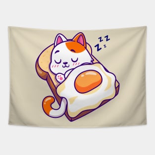 Cute Cat Sleeping On Bread With Egg Blanket Cartoon Tapestry