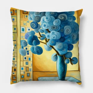 Geometric Still Life Painting with Blue Flowers Pillow