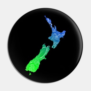 Colorful mandala art map of New Zealand with text in blue and green Pin