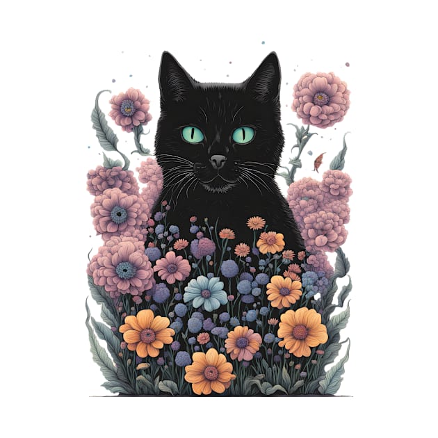 Retro black Cat with Flowers by CAFFEIN