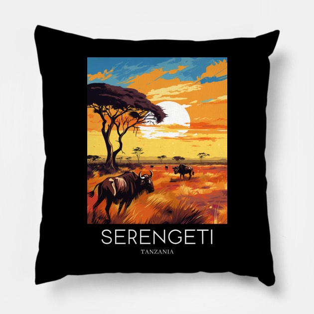 A Pop Art Travel Print of the Serengeti National Park - Tanzania Pillow by Studio Red Koala