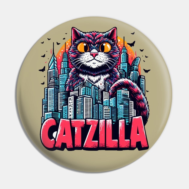 Retro Vintage Catzilla Funny Cat Pin by Teebevies