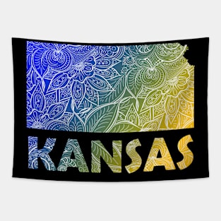 Colorful mandala art map of Kansas with text in blue and yellow Tapestry