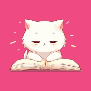 a bored white cat studying- anime T-Shirt