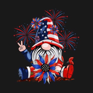 4th Of July American Flag Patriotic Gnome with sunflower T-Shirt