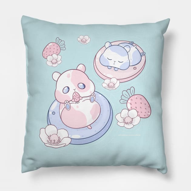 Kawaii Strawberry Hamsters Pillow by BunnyBees Studios