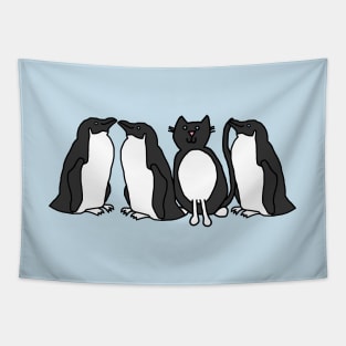 Funny Tuxedo Cat and Penguins Tapestry