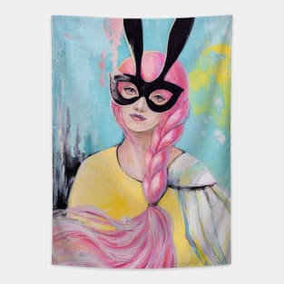 Woman in Mask. Pink and Black Tapestry