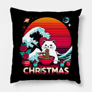 CUTE WHITE CAT EATING RAMEN WAVE JAPANESE Pillow