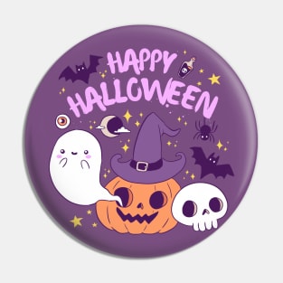 Happy halloween a Cute witch pumpkin with a ghost and pats friends Pin