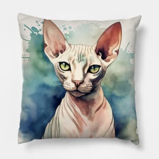 Watercolor Sphynx Cat Design on Cool Blues and Greens Pillow