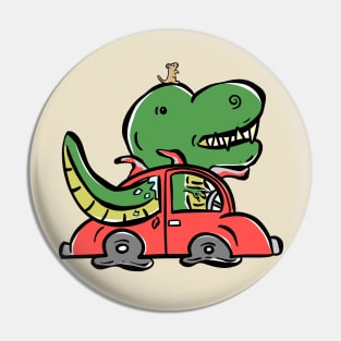 Driving a Red Car Tyrannosaurus Dinosaur Dino Cartoon Cute Character Pin