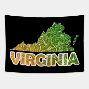 Colorful mandala art map of Virginia with text in green and orange Tapestry