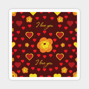 Golden flowers on a red background and a heart with the words "I love you". St. Valentine's Day. Magnet