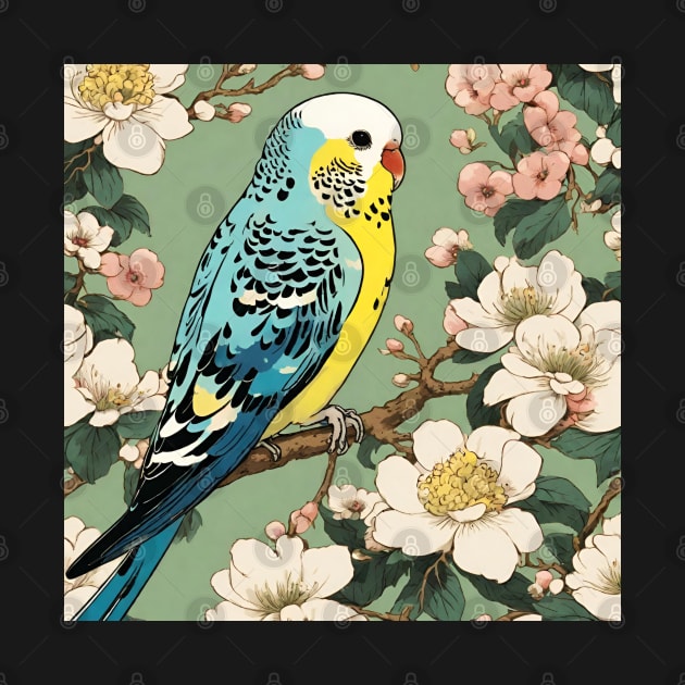 Cute Parakeet in Vintage Japanese Blossoms Parakeet Bird Mom by wigobun