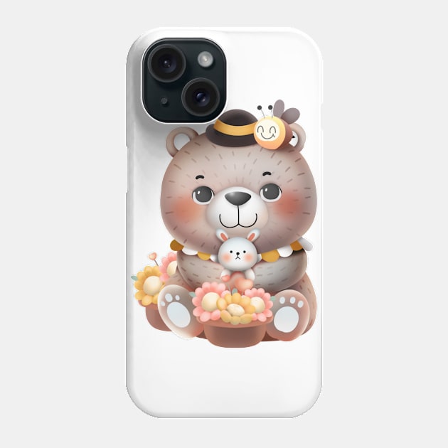 Cute Cartoon Bear with Flowers, Bunny and Bee Illustration Phone Case by mumeaw