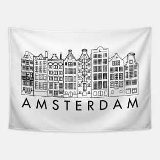 Facades of old canal houses from Amsterdam city illustration black and white Tapestry