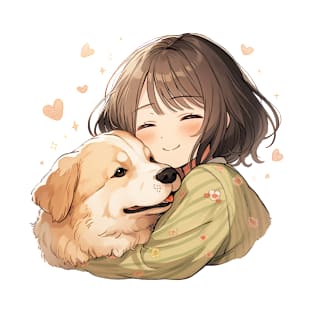 Cute Manga Girl Cuddling Dog T-Shirt