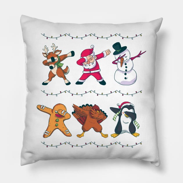 Christmas Dabbing Santa Reindeer Snowman Penguin Gingerbread Cookie Funny Kids Pillow by Evoke Collective