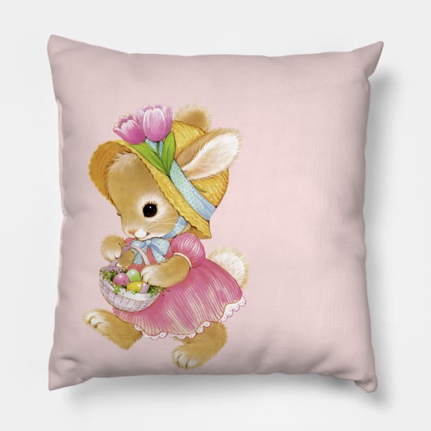 Cute Retro Vintage Easter Bunny Girl with Basket Pillow by PUFFYP