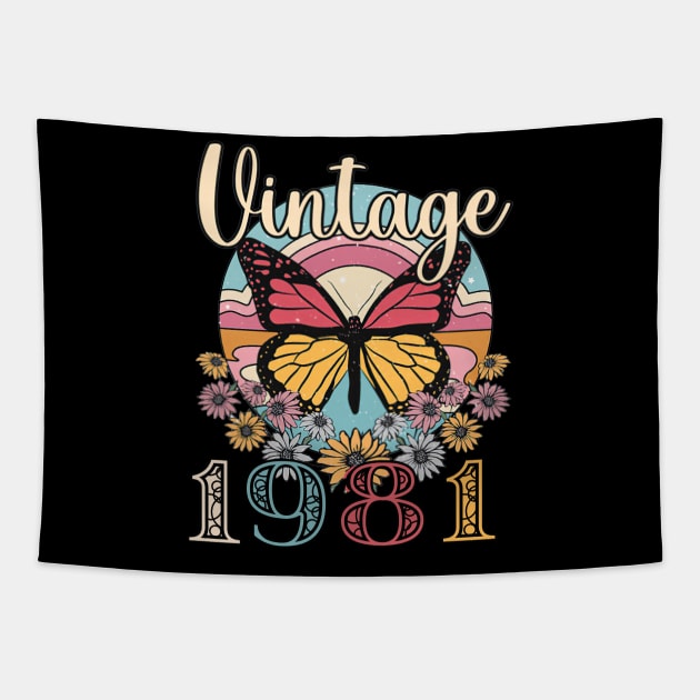 Floral Butterfly Retro Vintage 1981 42nd Birthday Tapestry by Vladis