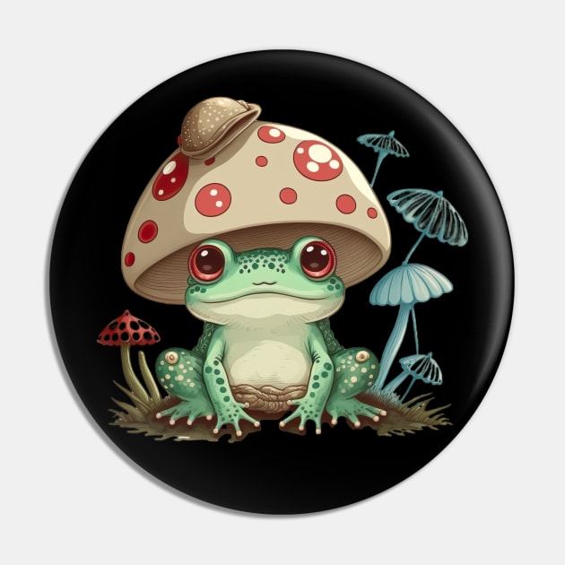 Kawaii Frog With Mushroom And Toadstools Pin by WhispersOfColor