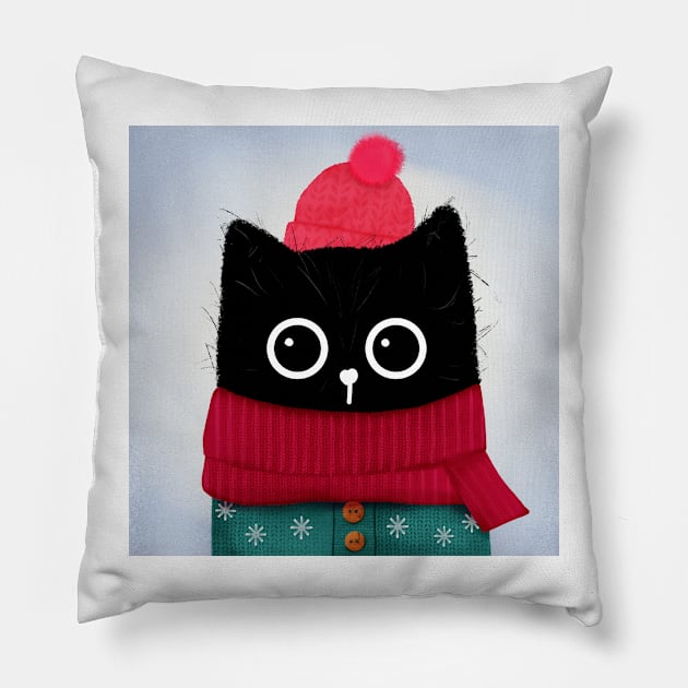 Black Cat Portrait in the Winter Pillow by StephersMc