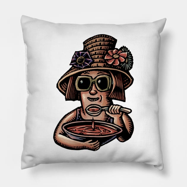 Soup Eating Woman in Hat Pillow by Lisa Haney