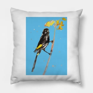 Australian Honeyeater Bird Painting - New Holland on Pale Blue Pillow