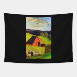 Colourful oil painting of a farm with sheep Tapestry