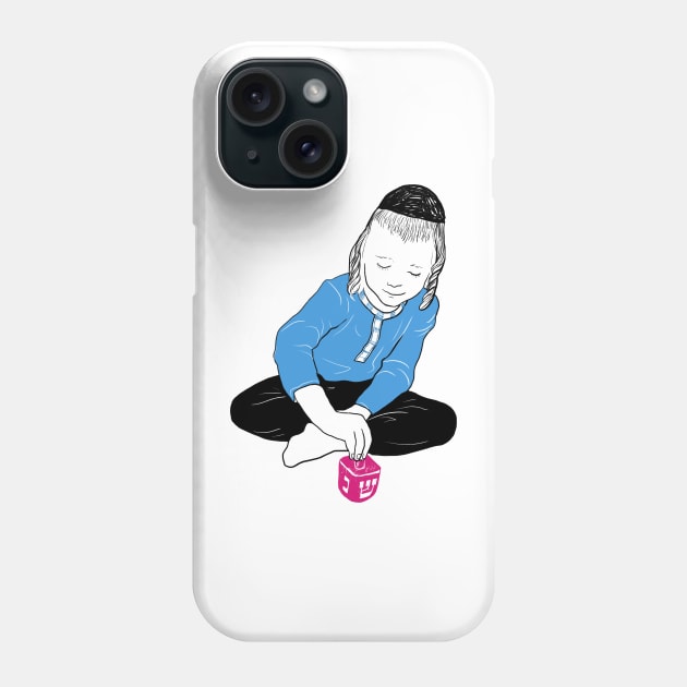 Boy spinning dreidel on Hanukkah Phone Case by argiropulo