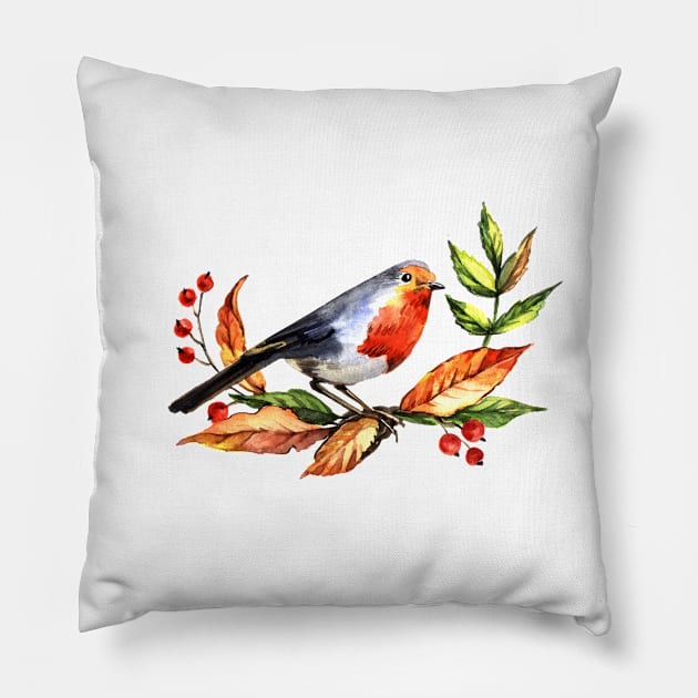 Bright watercolor Christmas bird Pillow by AnnaY 