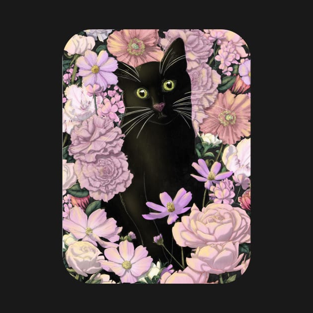 Little Black Garden Cat - Pink Flowers by ECMazur