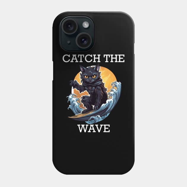 Black Cat Surfing - Catch The Wave (White Lettering) Phone Case by VelvetRoom