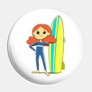 girl dressed in a swimming suit with a surfboard on the water Pin