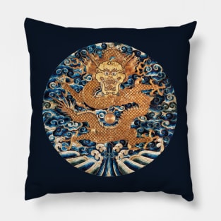 SEA DRAGON AMONG WAVES Chinese Embroidery in Gold Navy Blue Pillow