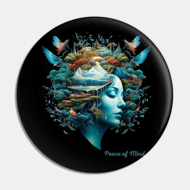 Peace of Mind A Woman head WIth Birds And Trees Over It Harmony With Nature Positive Psychology Pin by Positive Designer