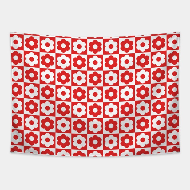 Red and White Checkered Flower Pattern Tapestry by Ayoub14